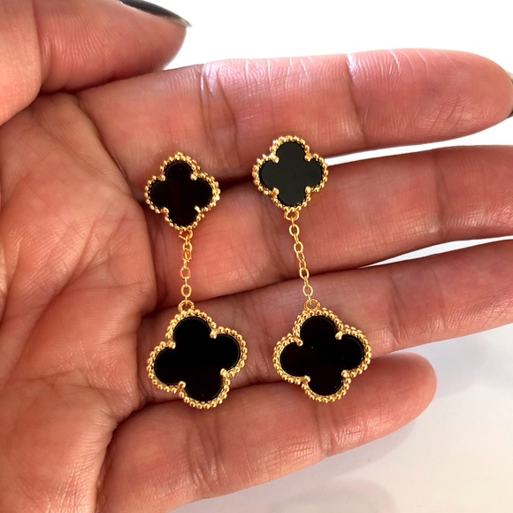 Black Onyx Clover Quatrefoil Drop Gold Earrings - Picture 7 of 8